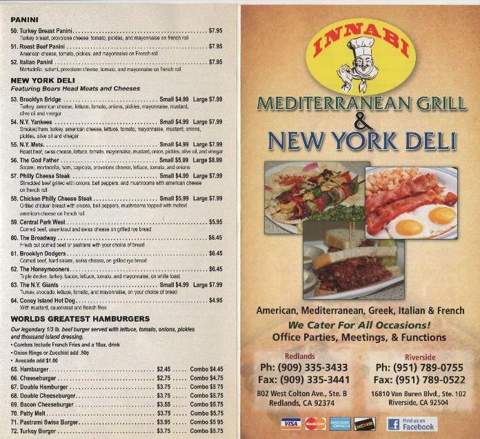 Innabi Mediterranean Grill New York Deli - Riverside, CA menu_pic