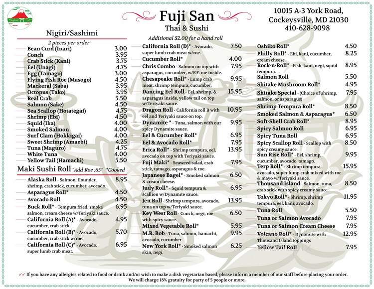 Fuji San - Cockeysville, MD menu_pic