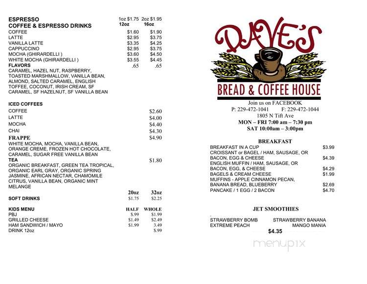 Dave's Bread and Coffee House - Tifton, GA menu_pic