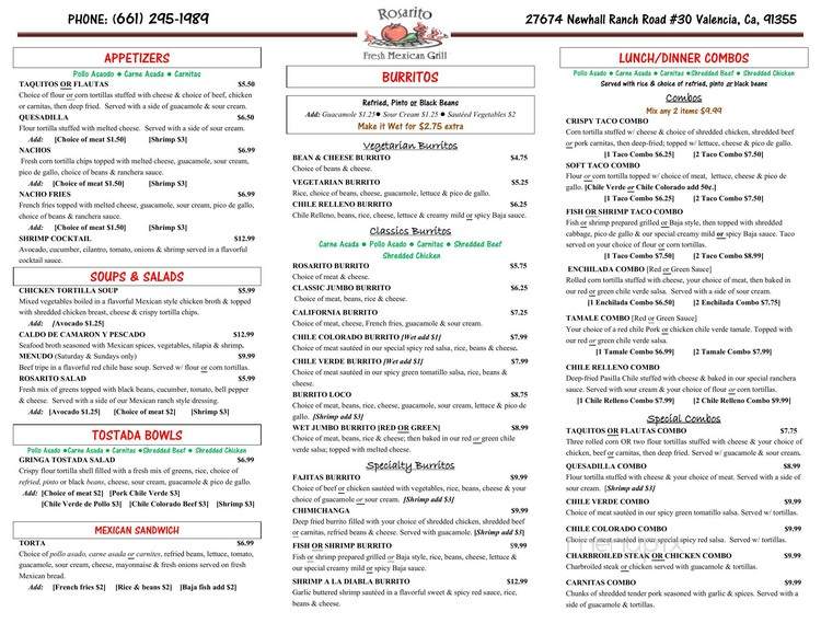 Rosarito Fresh Mexican Grill - Valencia, CA menu_pic
