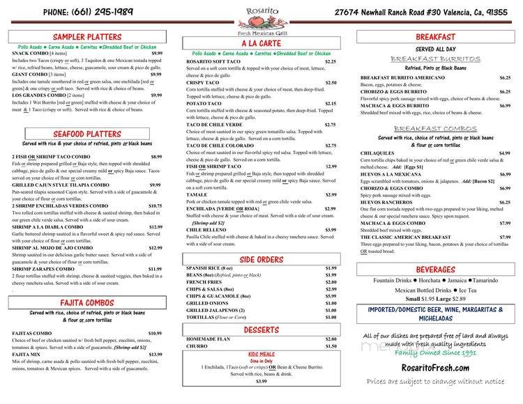 Rosarito Fresh Mexican Grill - Valencia, CA menu_pic