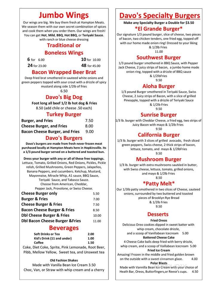 Menu of Davo's in Hopkinsville, KY 42240