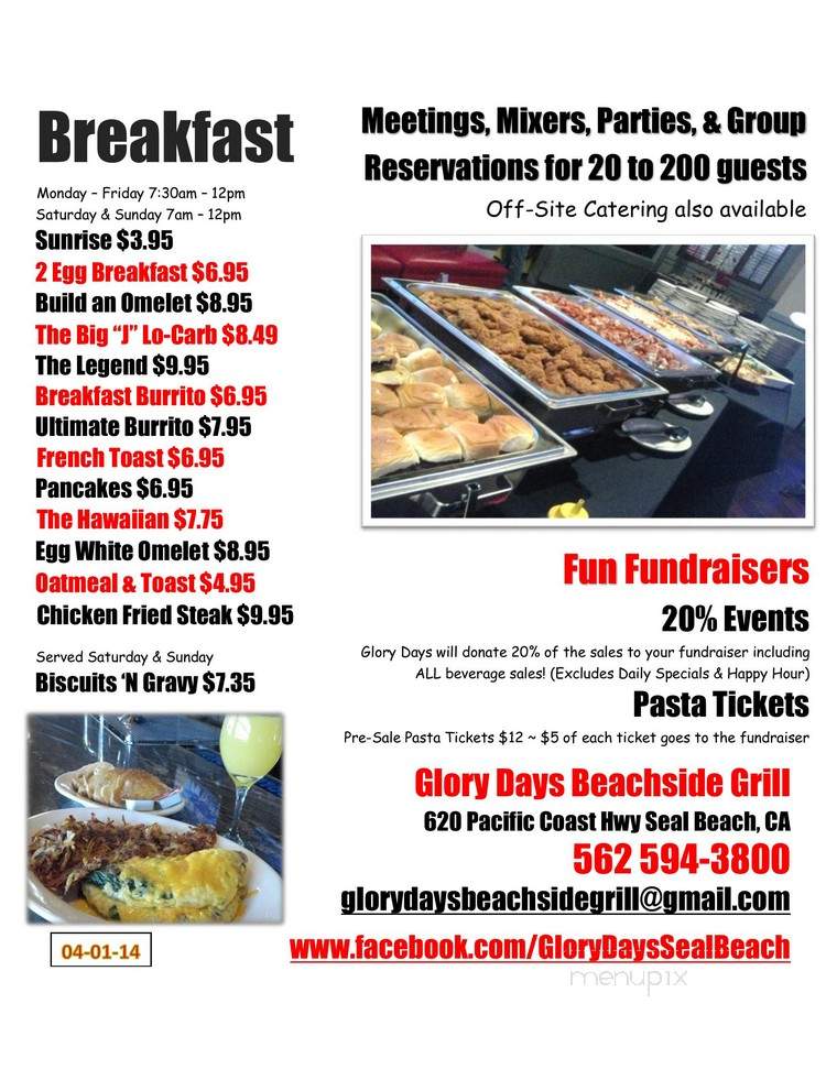 Glory Days Beachside Grill - Seal Beach, CA menu_pic