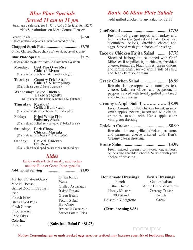 Menu of Kernersville's Route 66 Diner in Kernersville, NC 27284