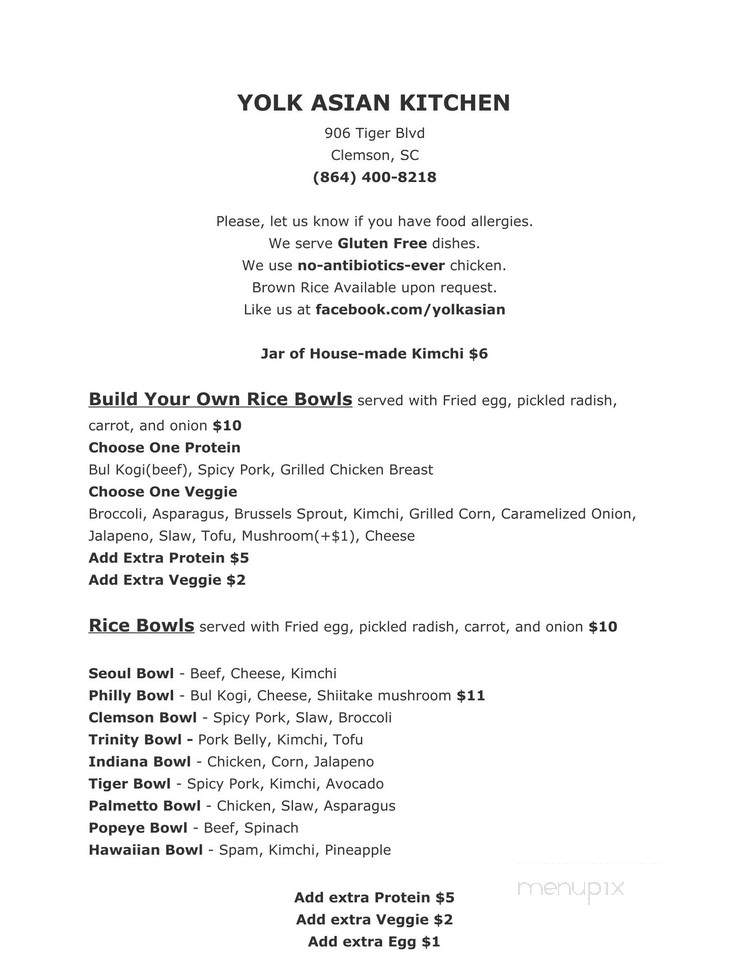 Yolk Asian Kitchen - Clemson, SC menu_pic