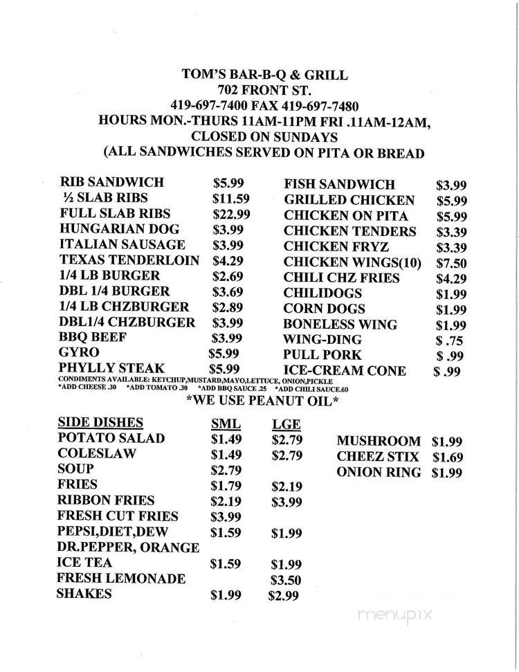 Tom's Bar-B-Q - Toledo, OH menu_pic