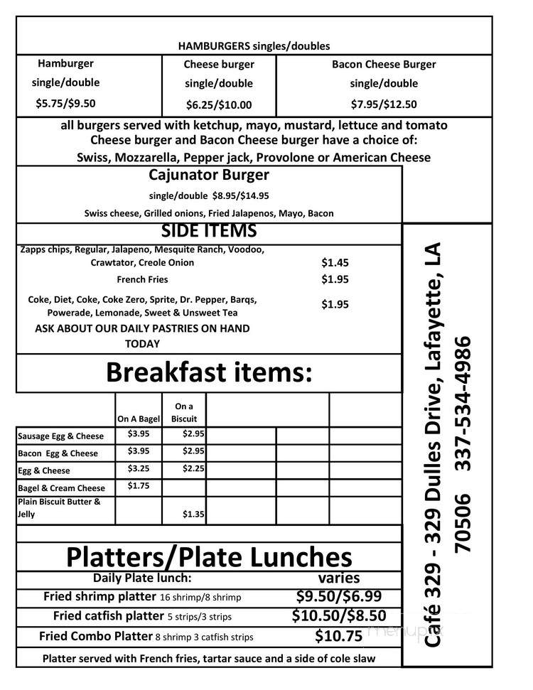 Cafe 329 - Lafayette, LA menu_pic