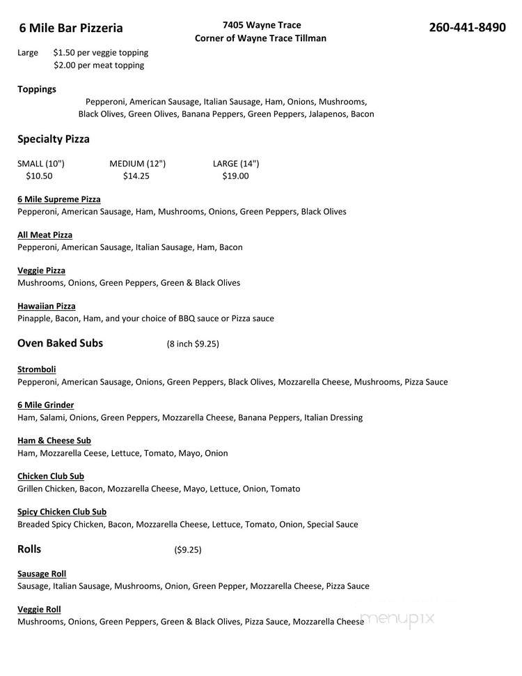 Menu of 6 Mile Bar & Pizzeria in Fort Wayne, IN 46816