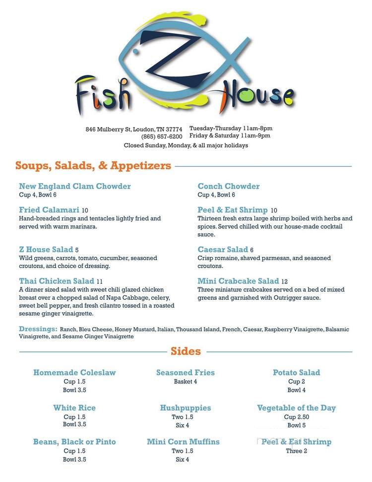 Z Fish House - Loudon, TN menu_pic