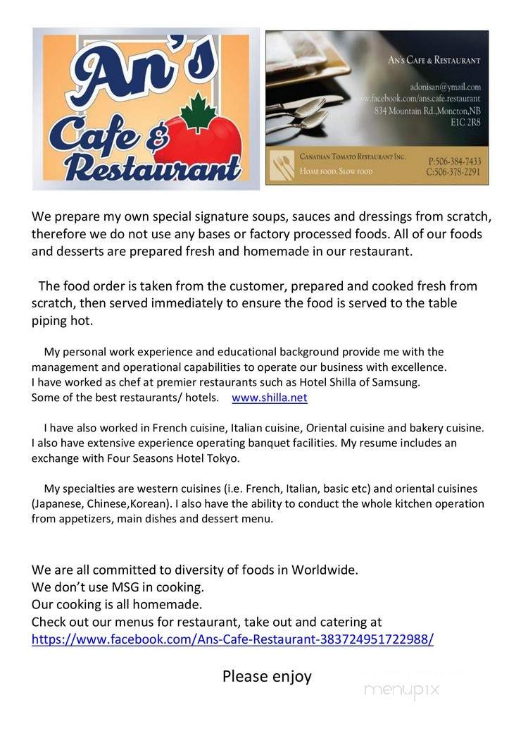 An's Cafe & Restaurant - Moncton, NB menu_pic