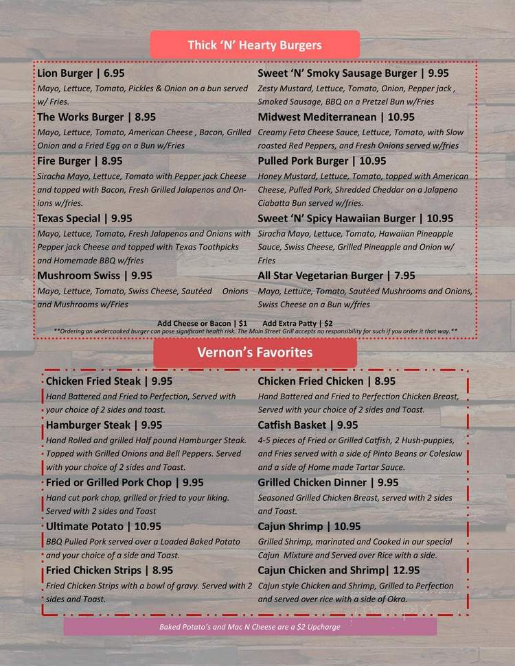 The Main Street Grill - Vernon, TX menu_pic