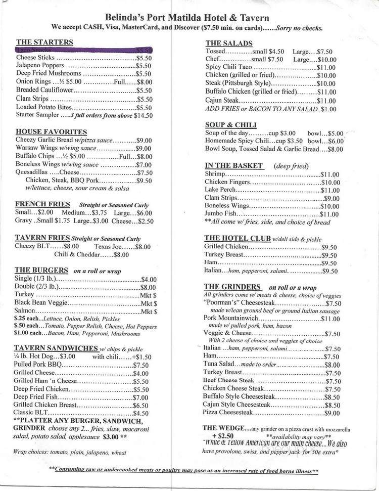 Belinda's Port Matilda Hotel & Tavern - Port Matilda, PA menu_pic