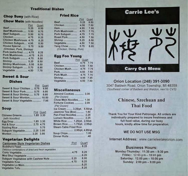 Menu of Carrie Lee's in Orion, MI 48359