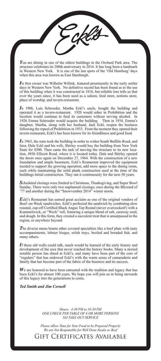 Eckl's Beef & Weck Restaurant - Orchard Park, NY menu_pic