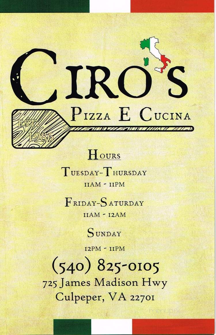 Ciro's Italian Pizzeria - Culpeper, VA menu_pic