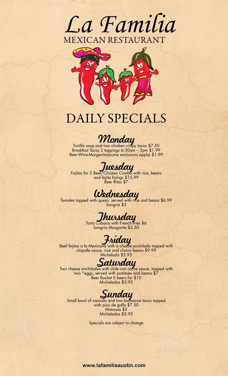 La Familia Mexican Restaurant - Austin, TX menu_pic