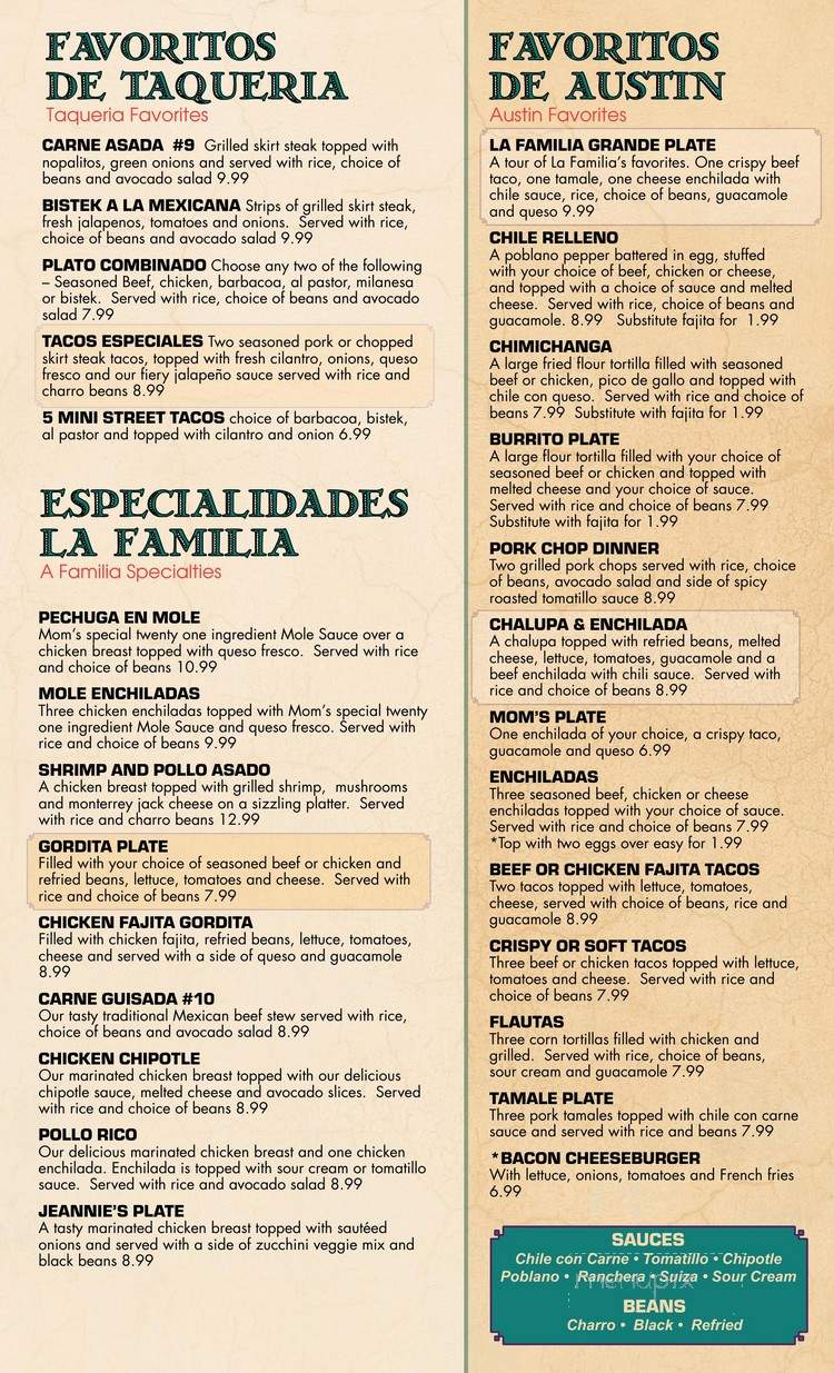 La Familia Mexican Restaurant - Austin, TX menu_pic