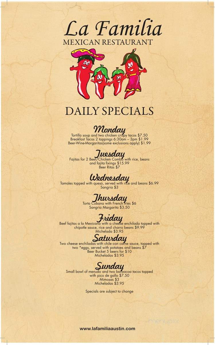 La Familia Mexican Restaurant - Austin, TX menu_pic