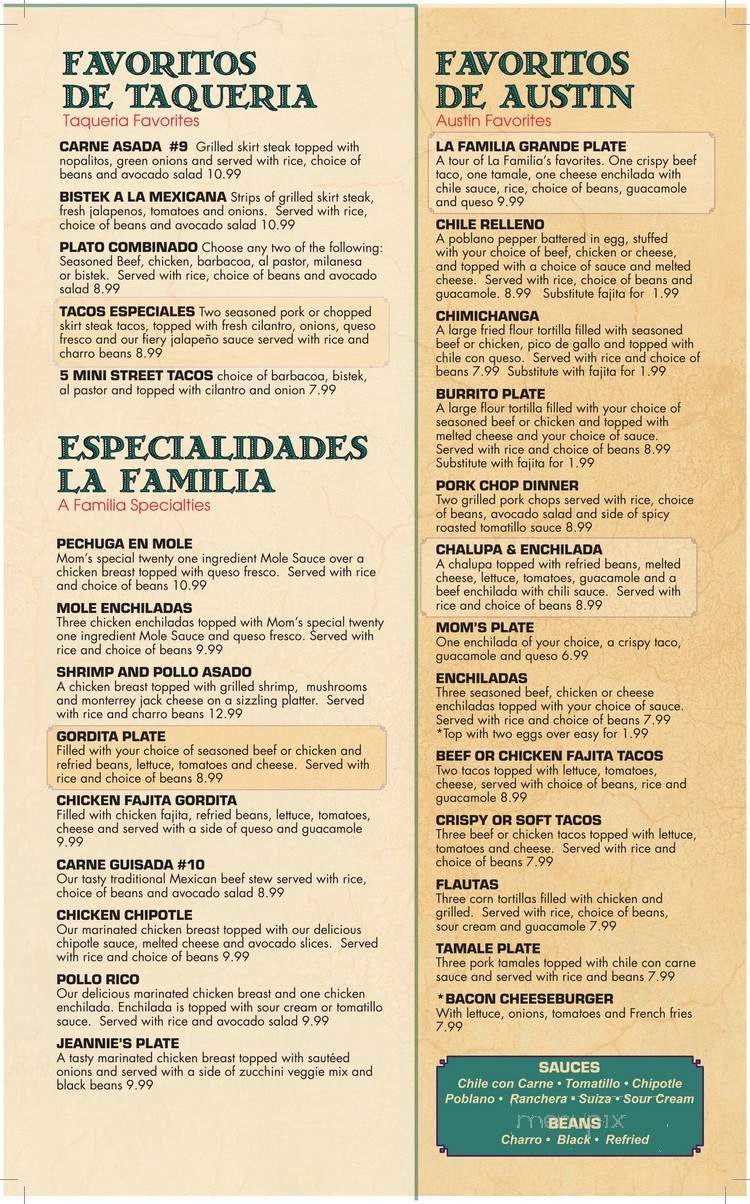 La Familia Mexican Restaurant - Austin, TX menu_pic