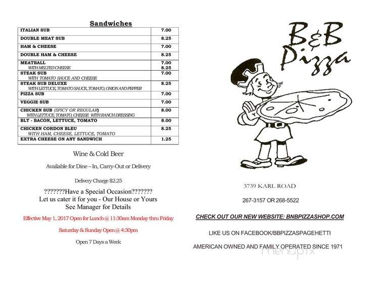 Menu of B &amp; B Pizza &amp; Spaghetti in Columbus, OH 43224