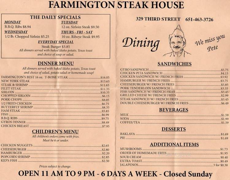 farmington steak house specials