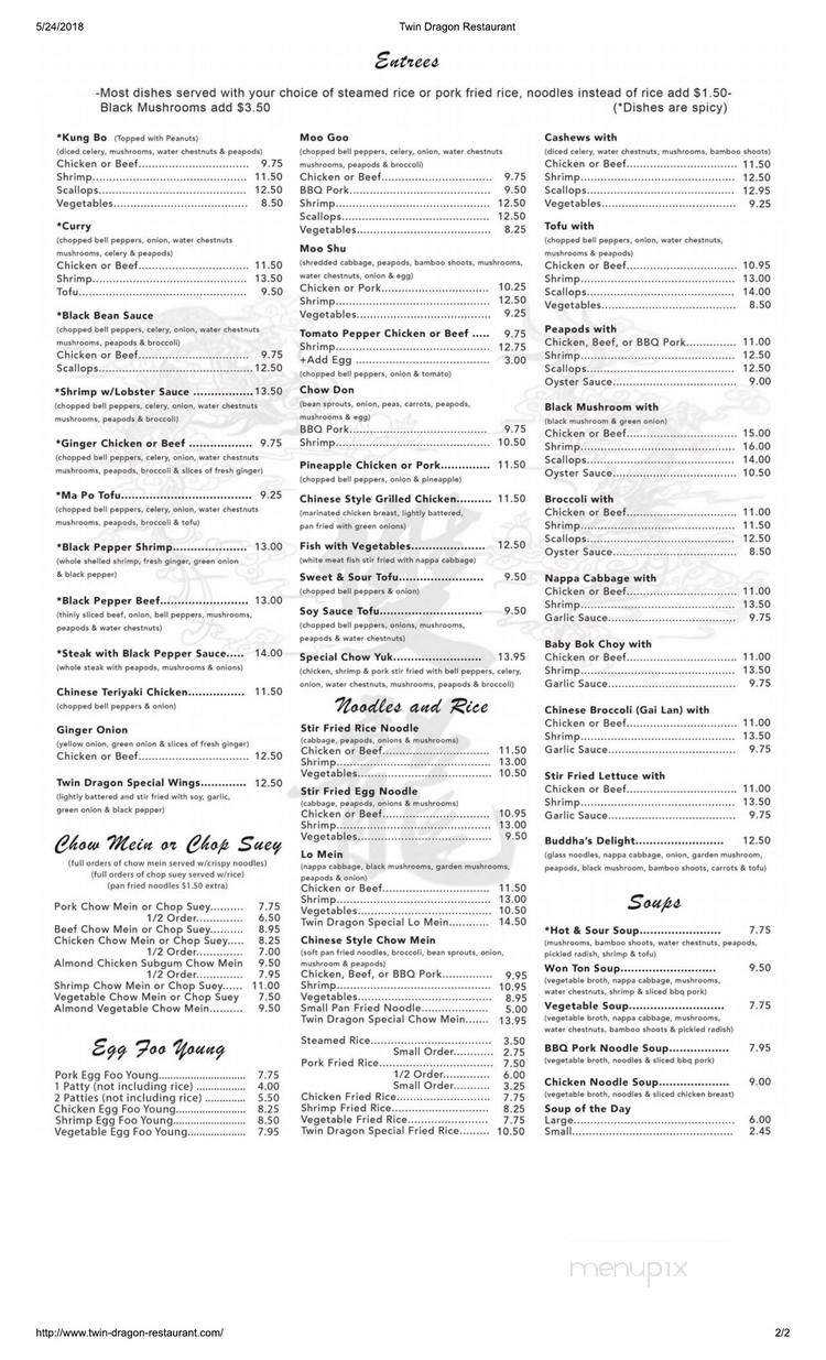Twin Dragon Restaurant - Eugene, OR menu_pic