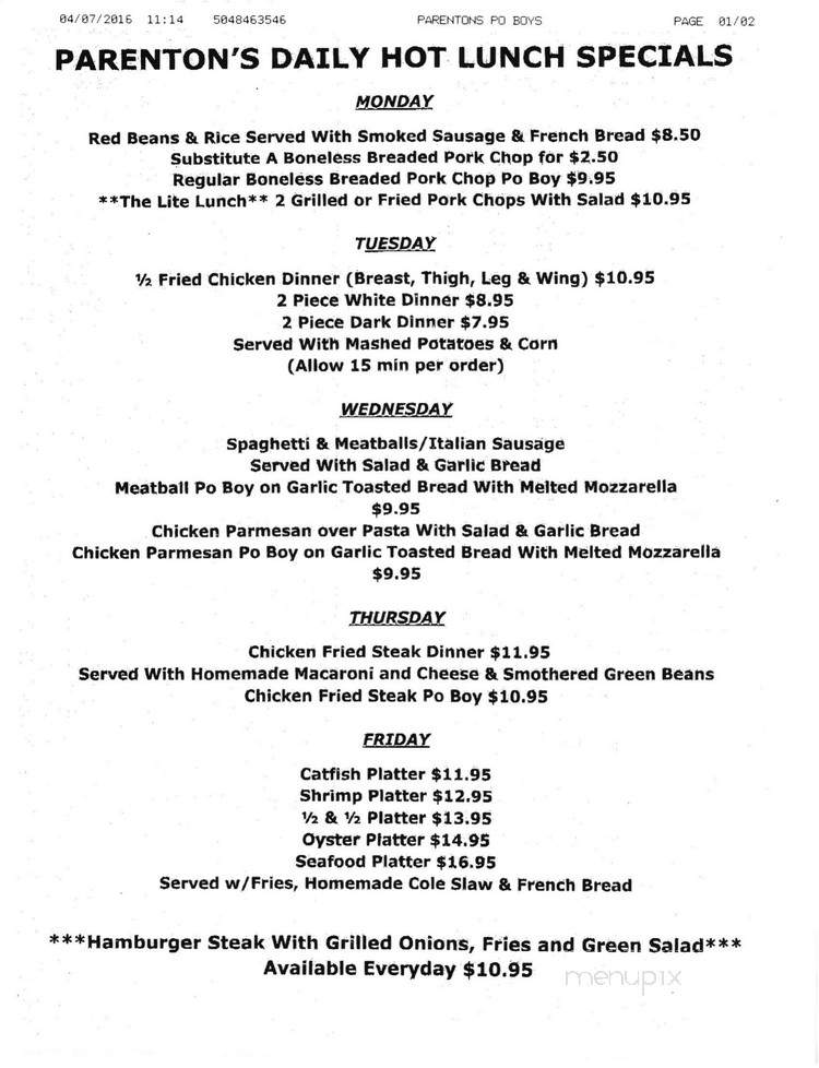 Parenton's Po-Boys - Jefferson, LA menu_pic