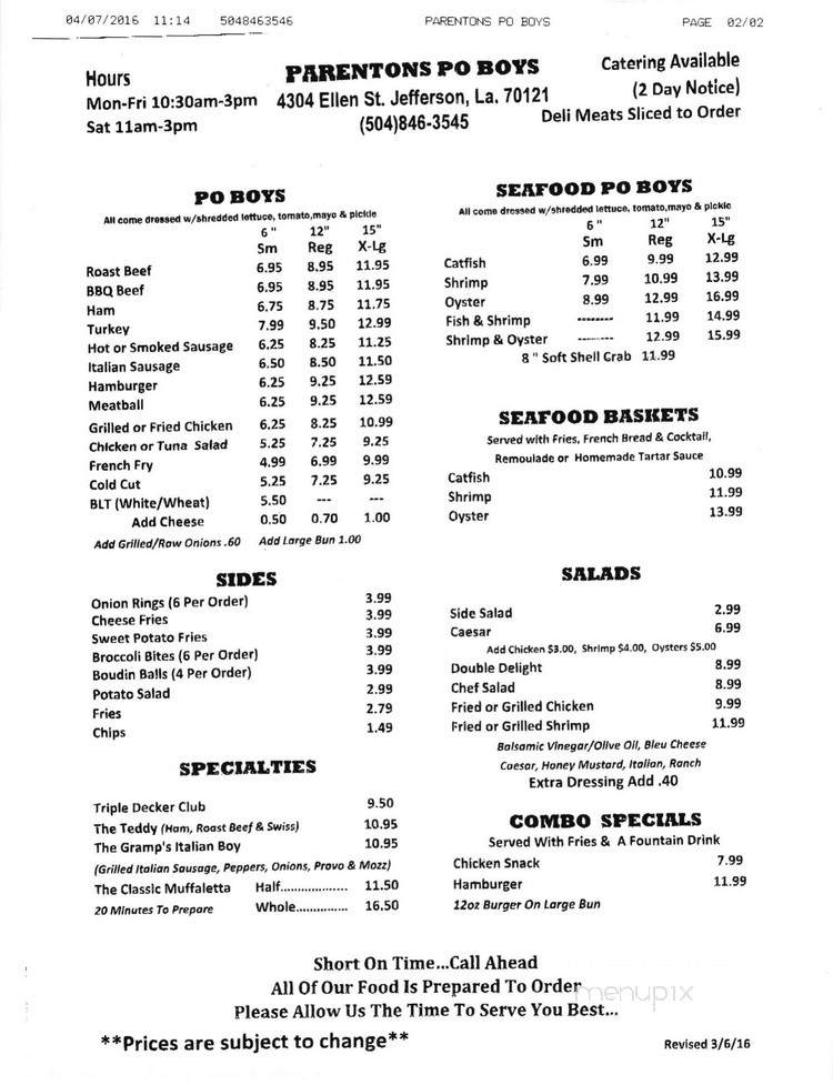 Parenton's Po-Boys - Jefferson, LA menu_pic