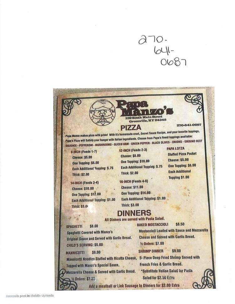 Papa Manzo's - Central City, KY menu_pic