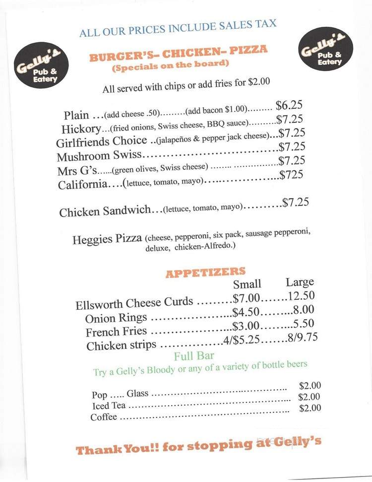 Gelly's Pub & Eatery - Stockholm, WI menu_pic