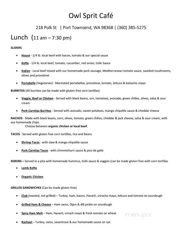 Owl Sprit - Port Townsend, WA menu_pic