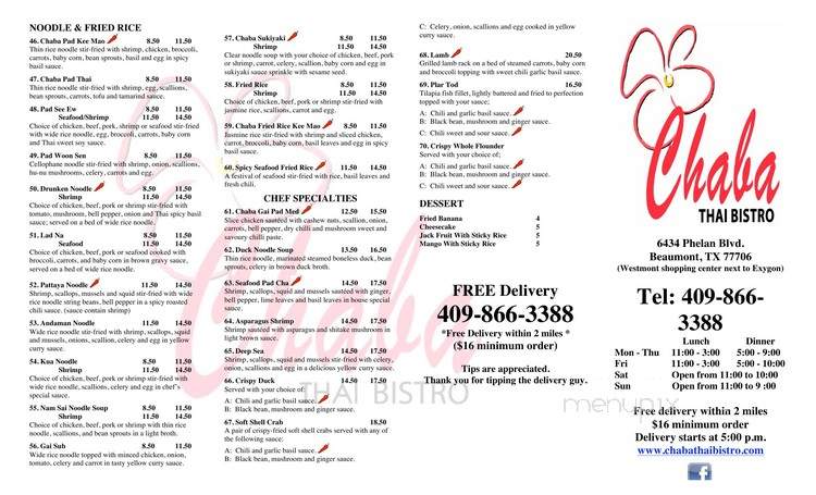 Chaba thai bistro - Beaumont, TX menu_pic