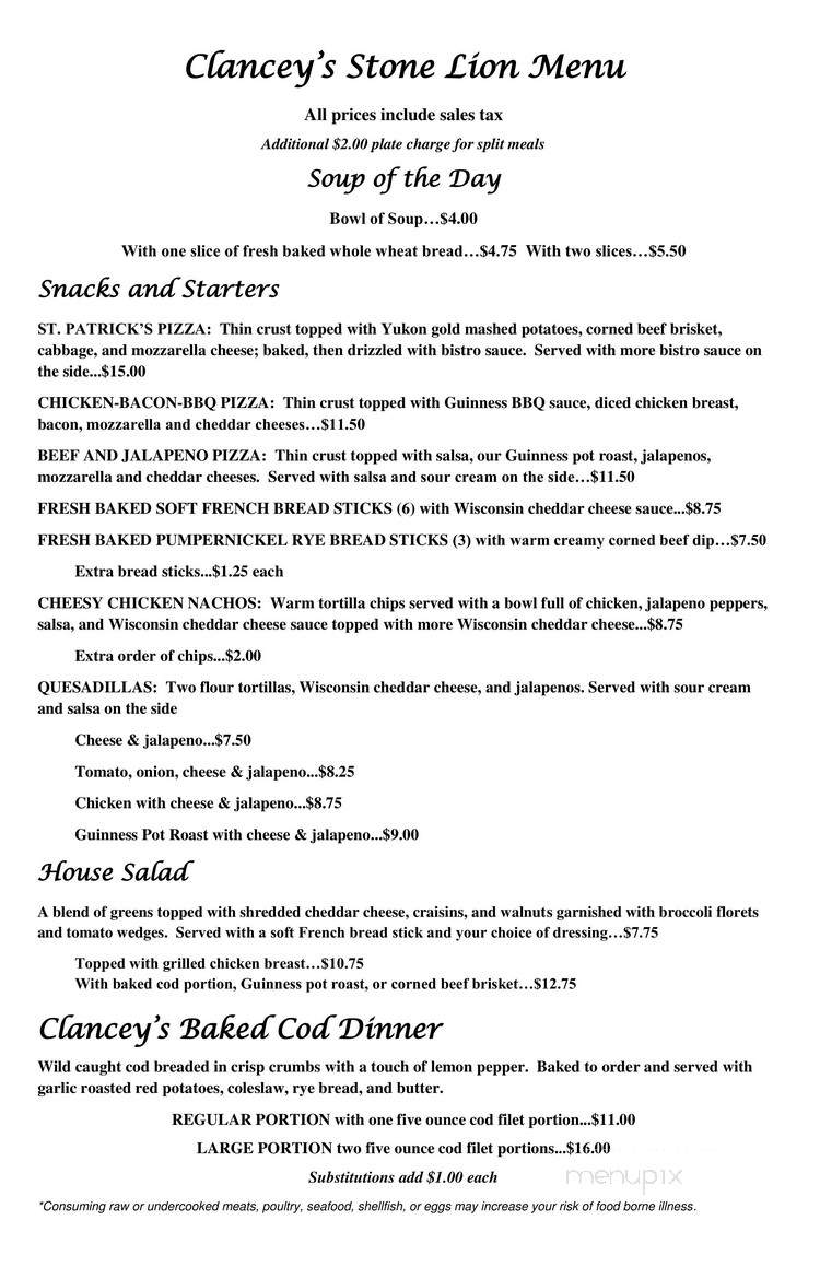 Clancey's Stone Lion - Custer, WI menu_pic