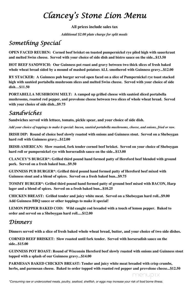 Clancey's Stone Lion - Custer, WI menu_pic