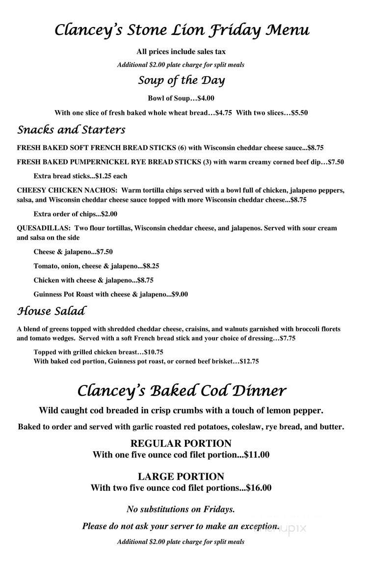 Clancey's Stone Lion - Custer, WI menu_pic