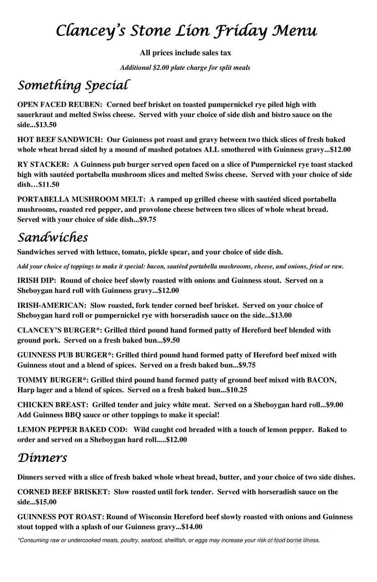 Clancey's Stone Lion - Custer, WI menu_pic