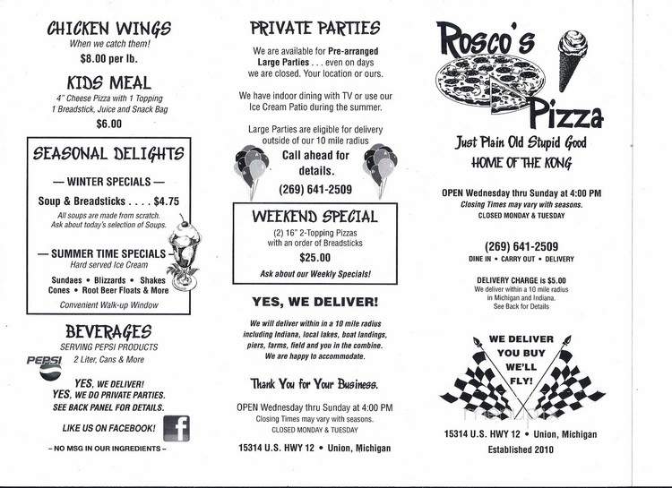 Rosco's Pizza - Union, MI menu_pic