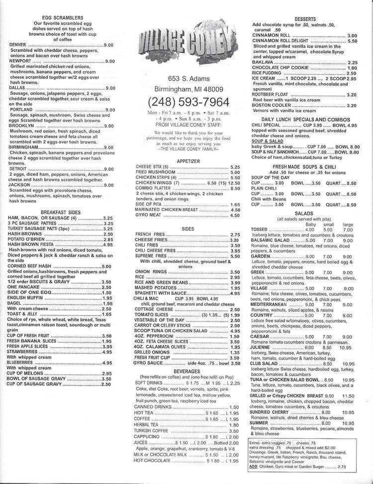 Village Coney - Birmingham, MI menu_pic