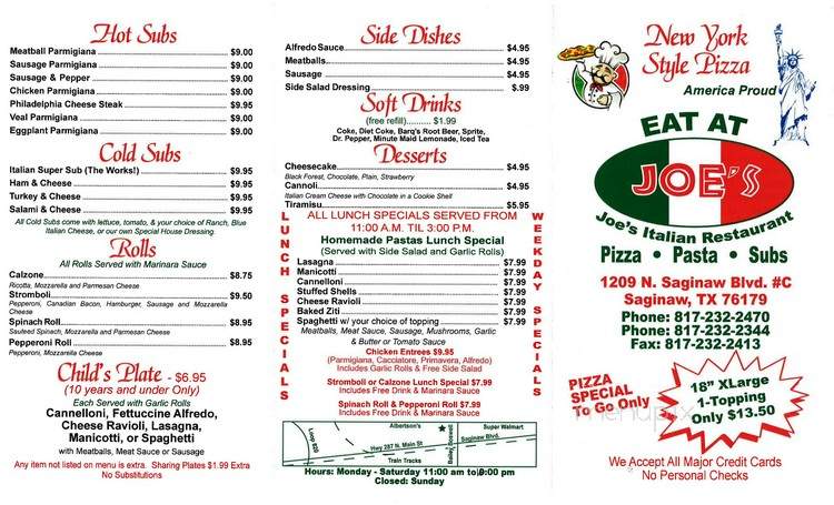 Joes Pizza & Pasta - Fort Worth, TX menu_pic