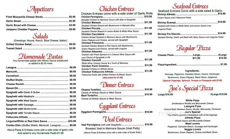 Joe's Italian Restaurant - Justin, TX menu_pic