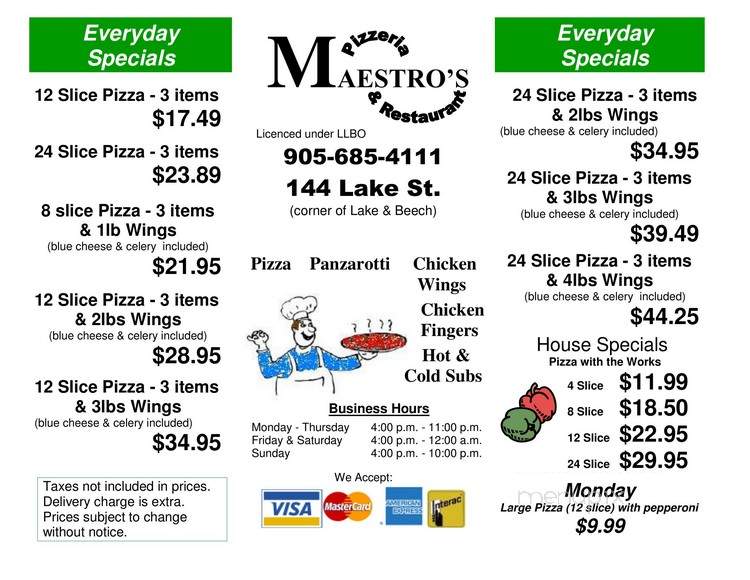 Maestro's Pizzeria - Saint Catharines, ON menu_pic