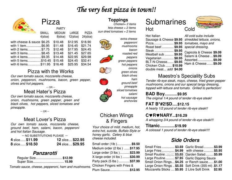 Maestro's Pizzeria - Saint Catharines, ON menu_pic