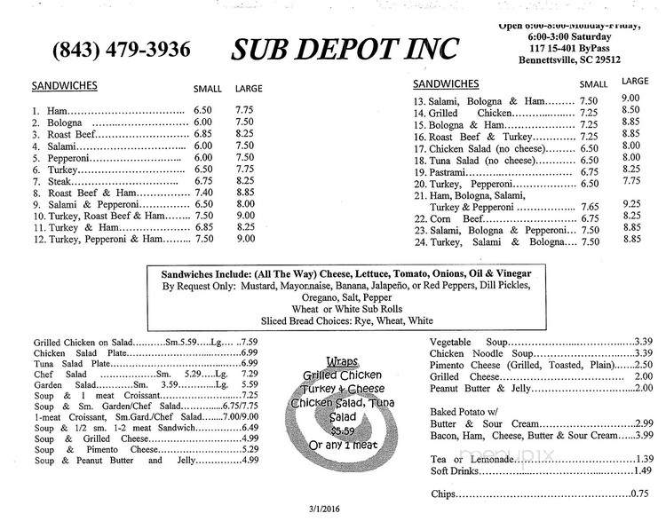 Sub Depot - Bennettsville, SC menu_pic