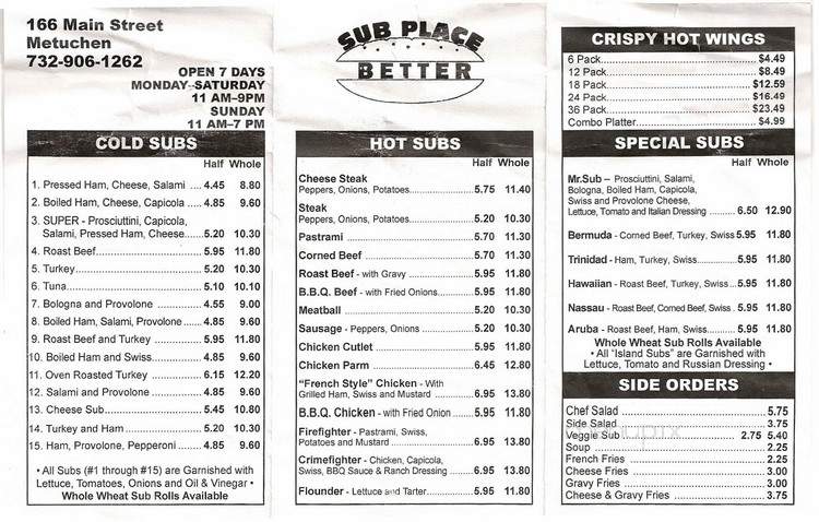 Sub Place Better - Metuchen, NJ menu_pic