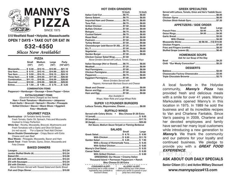 Manny's Pizza & Grinders - Holyoke, MA menu_pic