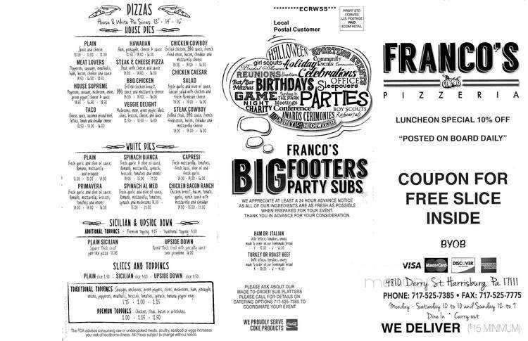 Franco's Pizzeria - Harrisburg, PA menu_pic