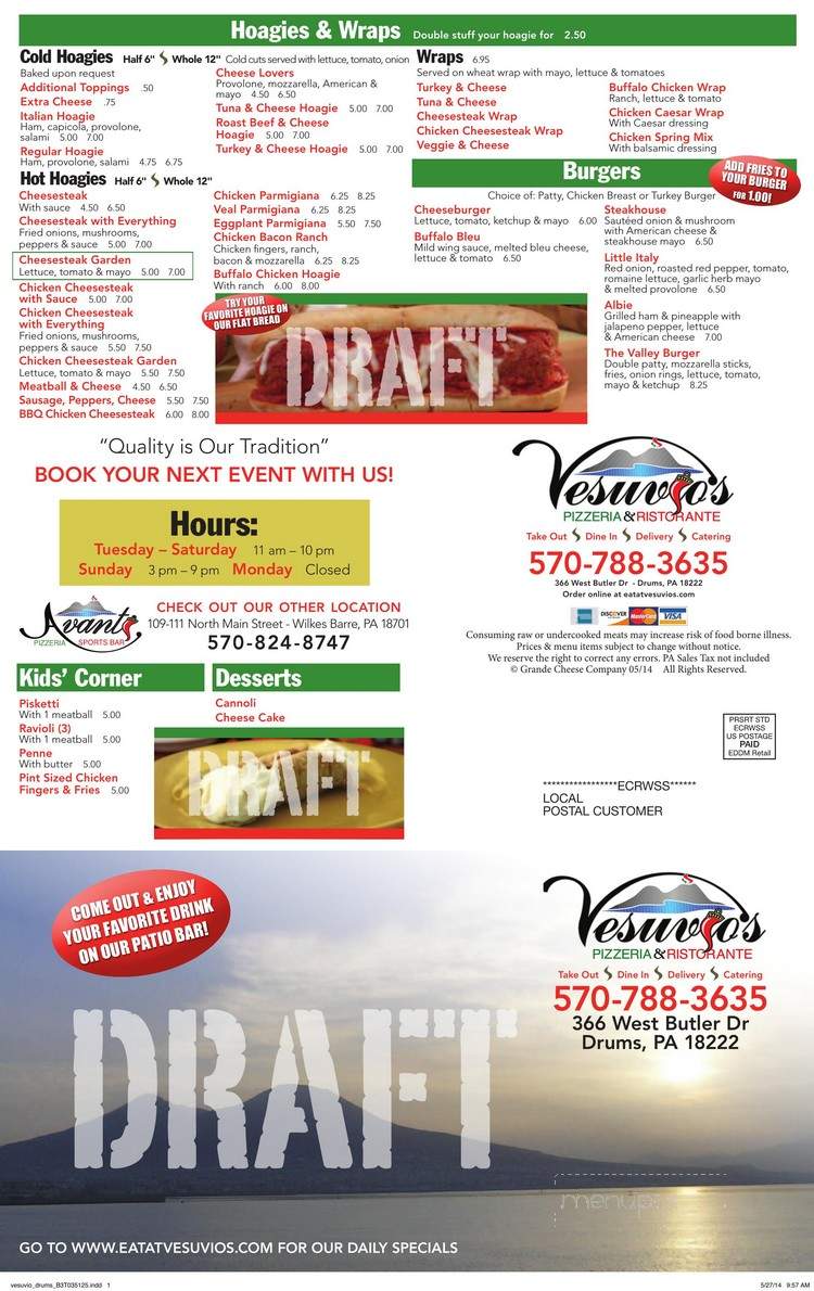 Vesuvio In The Valley Pizzeria - Drums, PA menu_pic