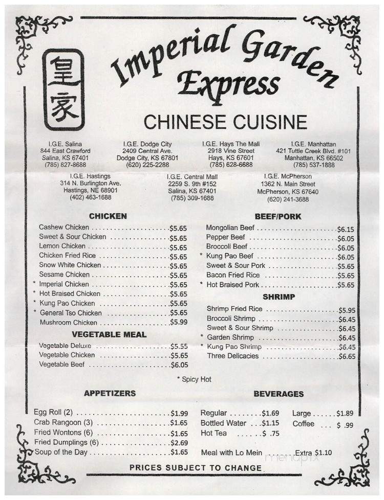 Menu of Imperial Garden in Hastings, NE 68901