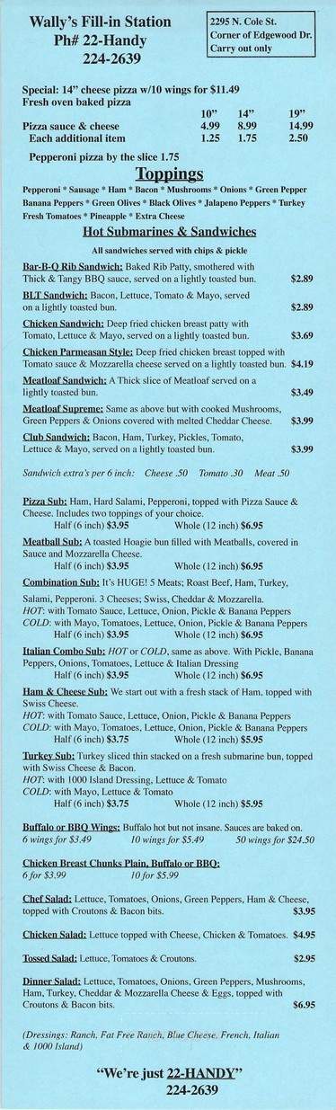 Wally's Fillin Station - Lima, OH menu_pic