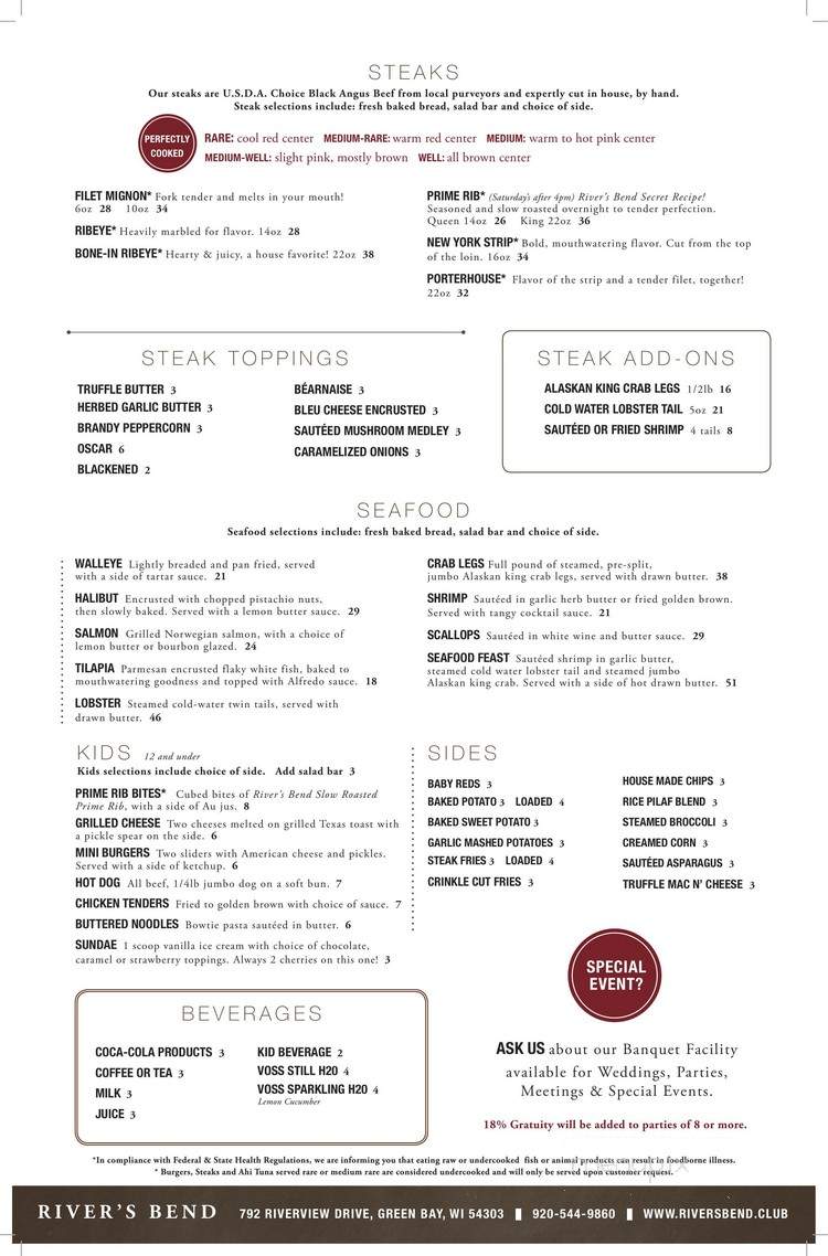 River's Bend Steak & Seafood - Green Bay, WI menu_pic